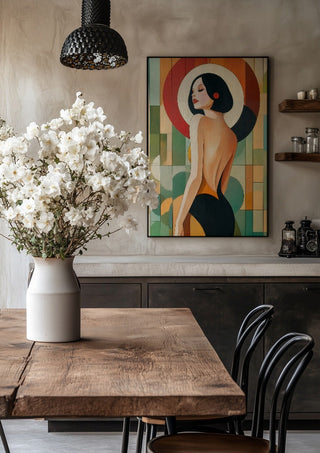 Golden Silence II by ArtySjak in a black frame above a rustic table with white flowers