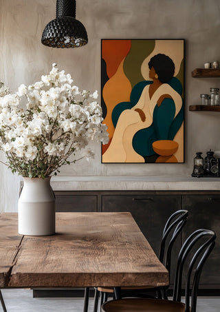Seventies Lounge by ArtySjak in a black frame above a rustic table with white flowers