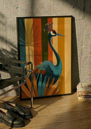 Crane of the Retro Forest by ArtySjak in a black frame leaning against a concrete wall by a steel chair