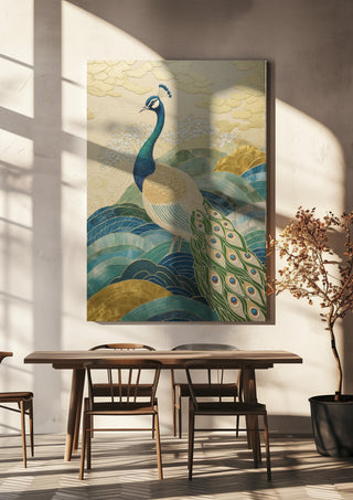 Peacock Touched by Gold by ArtySjak hanging above a wooden dining table in warm sunlight