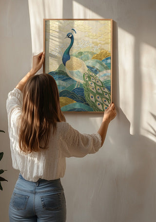 Peacock Touched by Gold by ArtySjak being hung on a sunlit wall