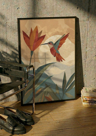 Hummingbird in Motion by ArtySjak in a black frame leaning against a concrete wall by a steel chair