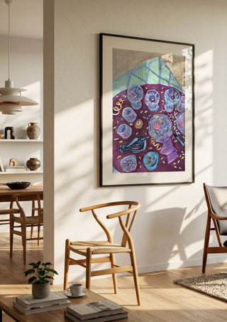 Dagen der på by DNF in a black frame in a bright dining room with wooden chairs