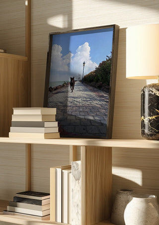 Departure and Return by Bora Kőhalmi in a dark frame on a wooden shelf beside books and a lamp
