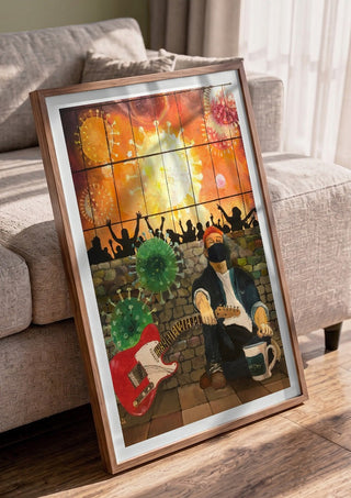 Corona Blues by Lefty-P in a walnut frame leaning against a grey sofa