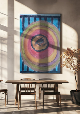 Zeebodem by Mizo hanging above a wooden dining table in warm sunlight