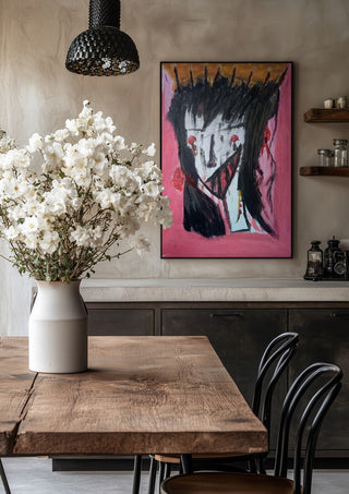 Onschuldig Wezen - Innocent Creature by Mizo in a black frame above a rustic table with white flowers