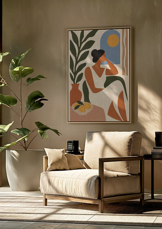 Contemplative Afternoon by TimlessArtworks framed above a beige armchair beside a potted plant