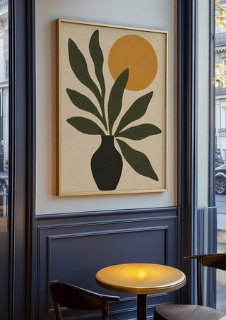 Minimalist Botanical Still Life with Sun by TimlessArtworks in an oak frame on a panelled café wall
