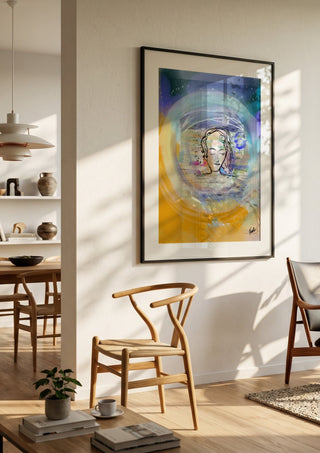 Rundarummet by FridaRit in a black frame in a bright dining room with wooden chairs
