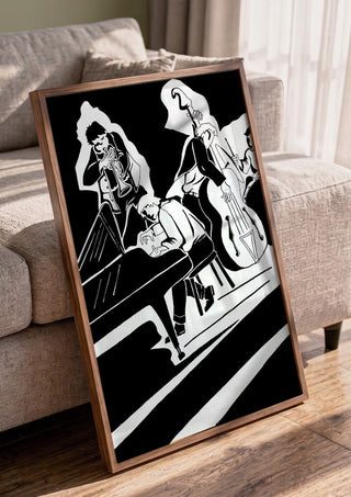 Jazz Quartet by Massimo Frascogna in a walnut frame leaning against a grey sofa