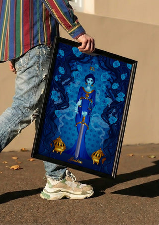 Justice by Sciurus tarotus carried in a black frame along a sunny street