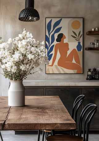 Matisse-Inspired Sunlit Muse by TimlessArtworks in a black frame above a rustic table with white flowers