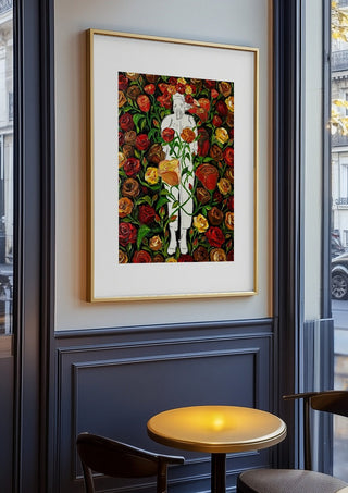 She stands in Bloom by Madame Petit in an oak frame on a panelled café wall