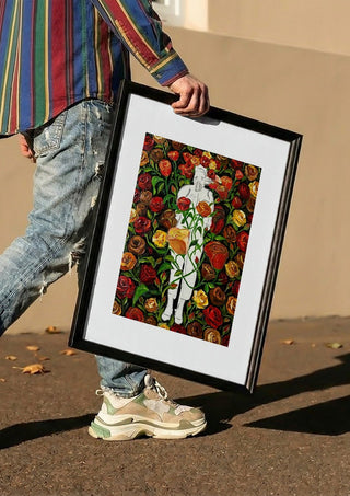 She stands in Bloom by Madame Petit carried in a black frame along a sunny street