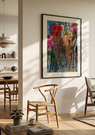 riot garden by hazelart in a large black frame in a bright dining room