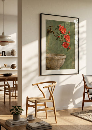 Where Spring Flows by Matthews Gallerie in a black frame in a bright dining room with wooden chairs