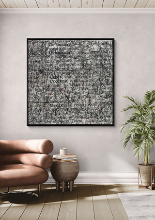 My French Dictionary, Page 38 by Priit Ruttas in a black frame above a tan leather sofa beside a potted palm