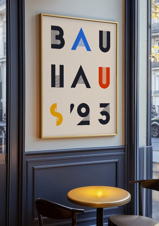 Bauhaus Letters by Neil Stevens in an oak frame on a panelled cafe wall