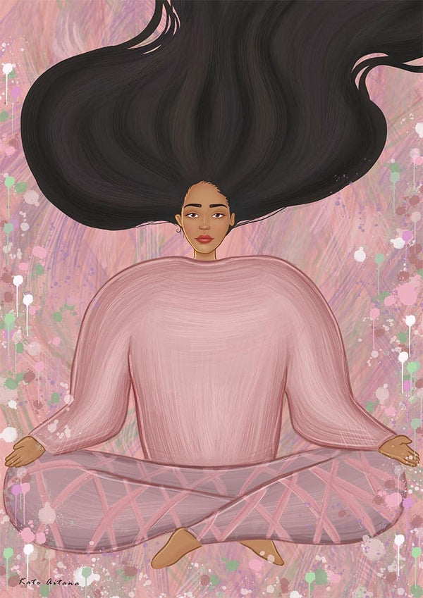 Illustration of a woman sitting cross-legged with long flowing hair, from "There is no hand to catch time" by Kate Aitana.