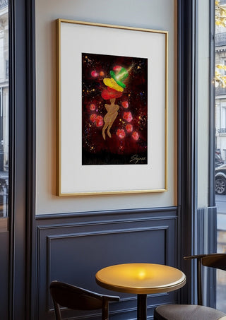 Nachtflits by Madame Petit in an oak frame on a panelled cafe wall