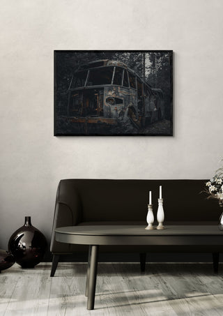 Decay (5) by Lone Gjessing in a black frame on a pale wall above a dark sofa with candlesticks