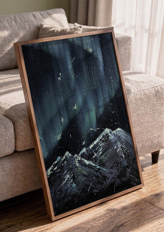 Aurora by Zhan Snow in a walnut frame leaning against a grey sofa