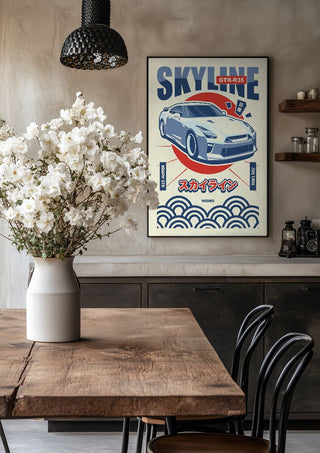 Nissan GT-R R35 by Kaminarirace in a black frame above a rustic table with white flowers