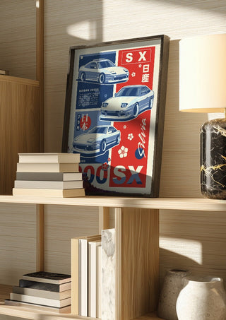 Nissan 200SX by Kaminarirace in a dark frame on a wooden shelf beside books and a lamp