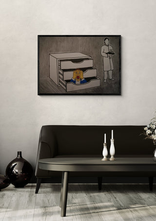 Störung und Befreiung by Olaf Baier in a black frame above a dark sofa with candlesticks