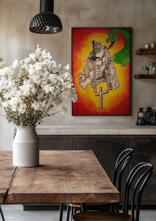 Sieg im Licht by Olaf Baier in a black frame above a rustic table with white flowers
