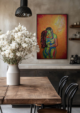 Liebe und Psyche by Olaf Baier in a black frame above a rustic table with white flowers