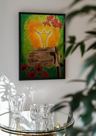 Die Wiederauferstehung by Olaf Baier in a black frame above a glass table with crystal glassware
