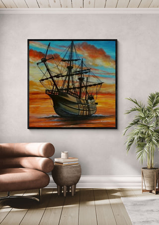 Beautiful Sailing by Sunny in a black frame above a pink armchair beside a potted palm