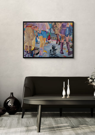 En liten människa i en färgstark värld… by Ramz Gadzh in a black frame above a dark sofa with candlesticks