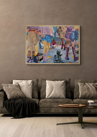 En liten människa i en färgstark värld… by Ramz Gadzh in a pale wooden frame above a grey sofa with cushions