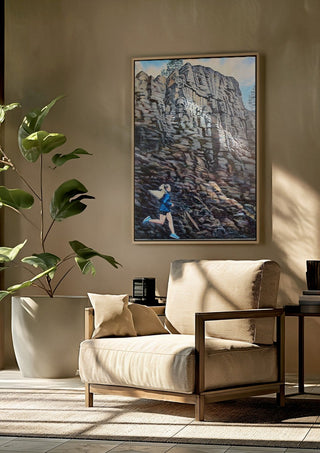 Skandinaviskt tystnad by Ramz Gadzh framed above a beige armchair beside a potted plant