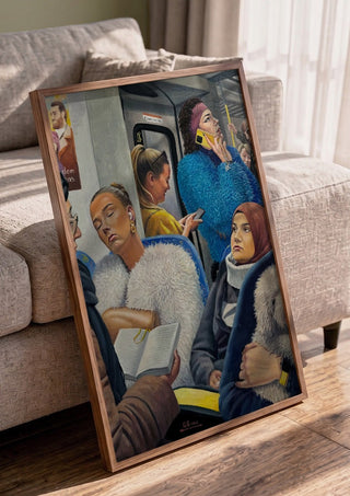 På ett vinterkvällståg… by Ramz Gadzh in a walnut frame leaning against a grey sofa