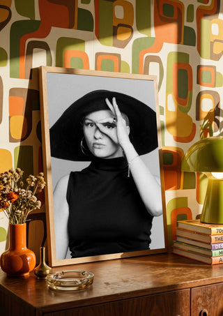 Back in time by Bettinafloorphoto in a wooden frame on a sideboard against a retro patterned wall
