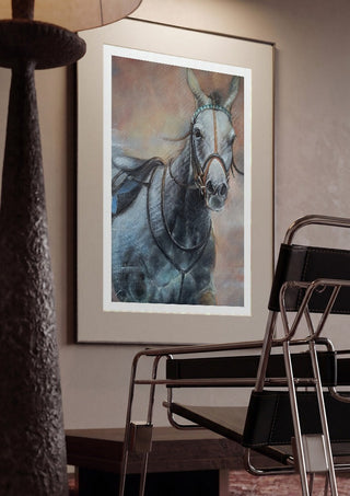 The Grey Horse by Mariia Nikolina framed in a dim room beside a tubular steel chair