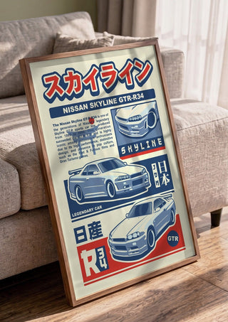 Nissan Skyline GT-R R34 by Kaminarirace in a walnut frame leaning against a grey sofa