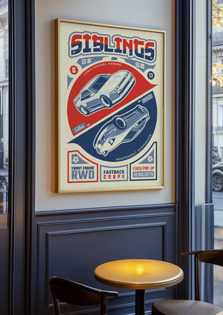 Nissan S13 Siblings by Kaminarirace in an oak frame on a panelled cafe wall