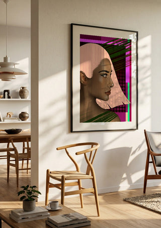 Electric Profile by Sabrina Rosenblatt in a black frame in a bright dining room with wooden chairs