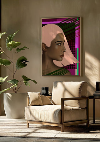 Electric Profile by Sabrina Rosenblatt framed above a beige armchair beside a potted plant
