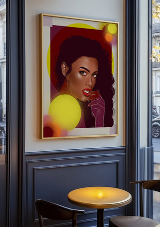 The Light is Coming by Sabrina Rosenblatt in an oak frame on a panelled cafe wall