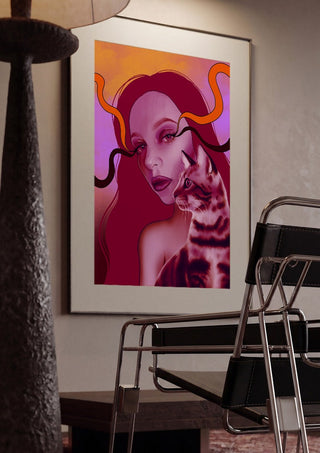 Glow And Purr by Sabrina Rosenblatt framed in a dim room beside a tubular steel chair