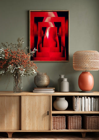 Corazon by Carlos Enrique Gozalo Ara above a wooden sideboard on a sage green wall