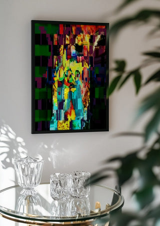 Zeus by Carlos Enrique Gozalo Ara in a black frame above a glass table with crystal glassware
