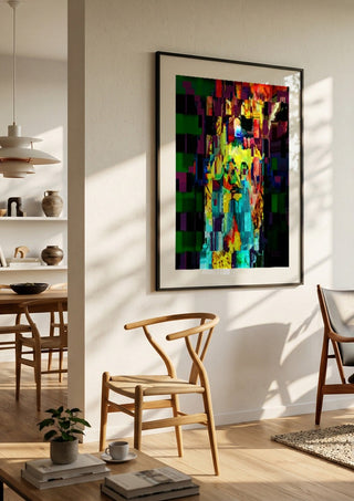 Zeus by Carlos Enrique Gozalo Ara in a black frame in a bright dining room with wooden chairs