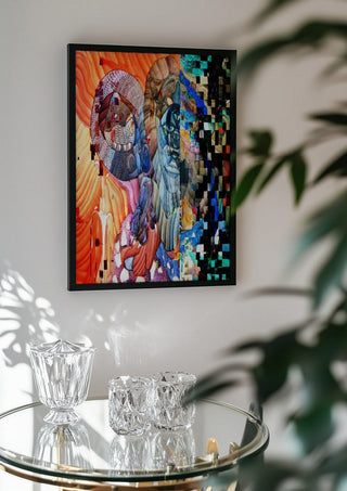 Draco by Carlos Enrique Gozalo Ara in a black frame above a glass table with crystal glassware